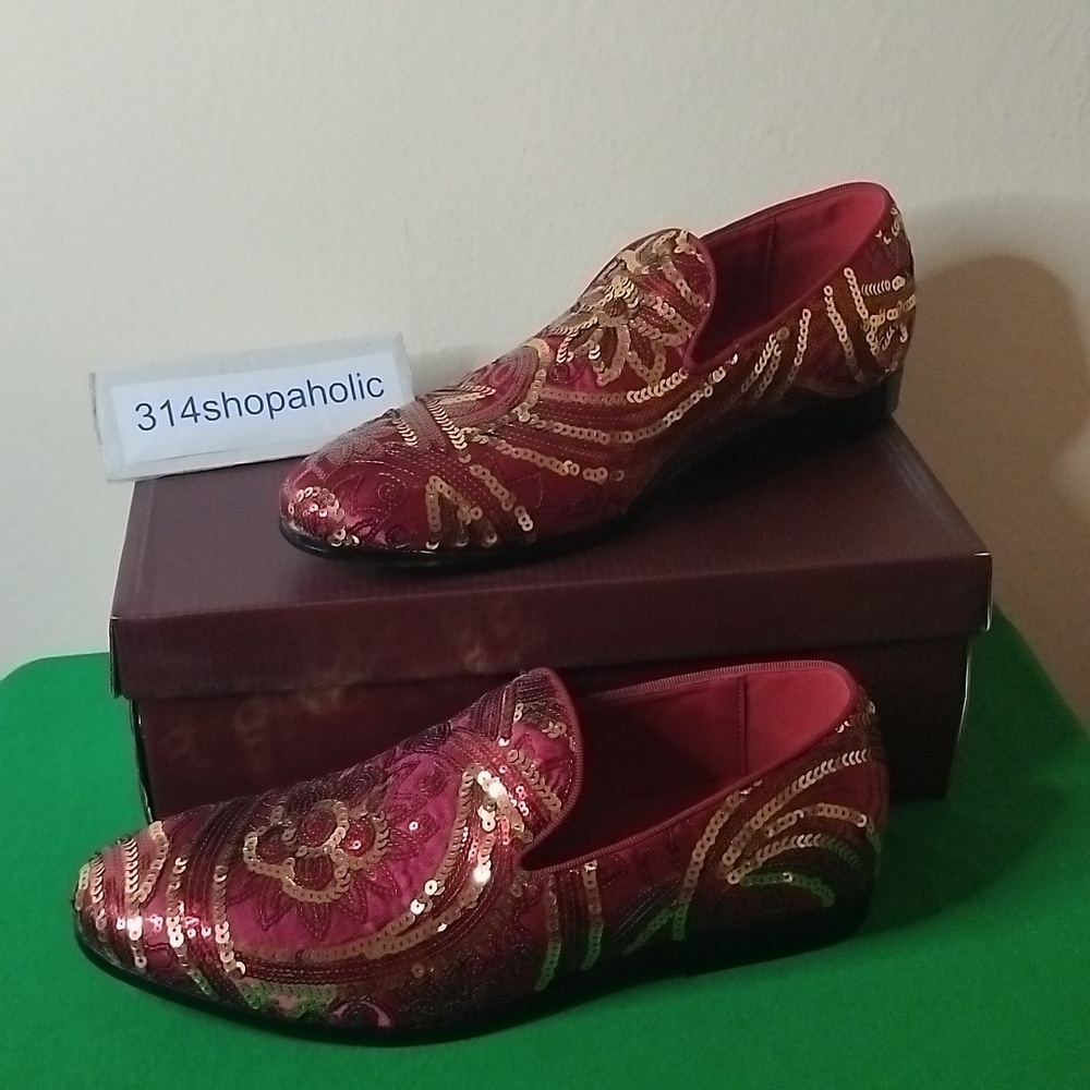 Mens Burgundy / Gold Sequin Loafers